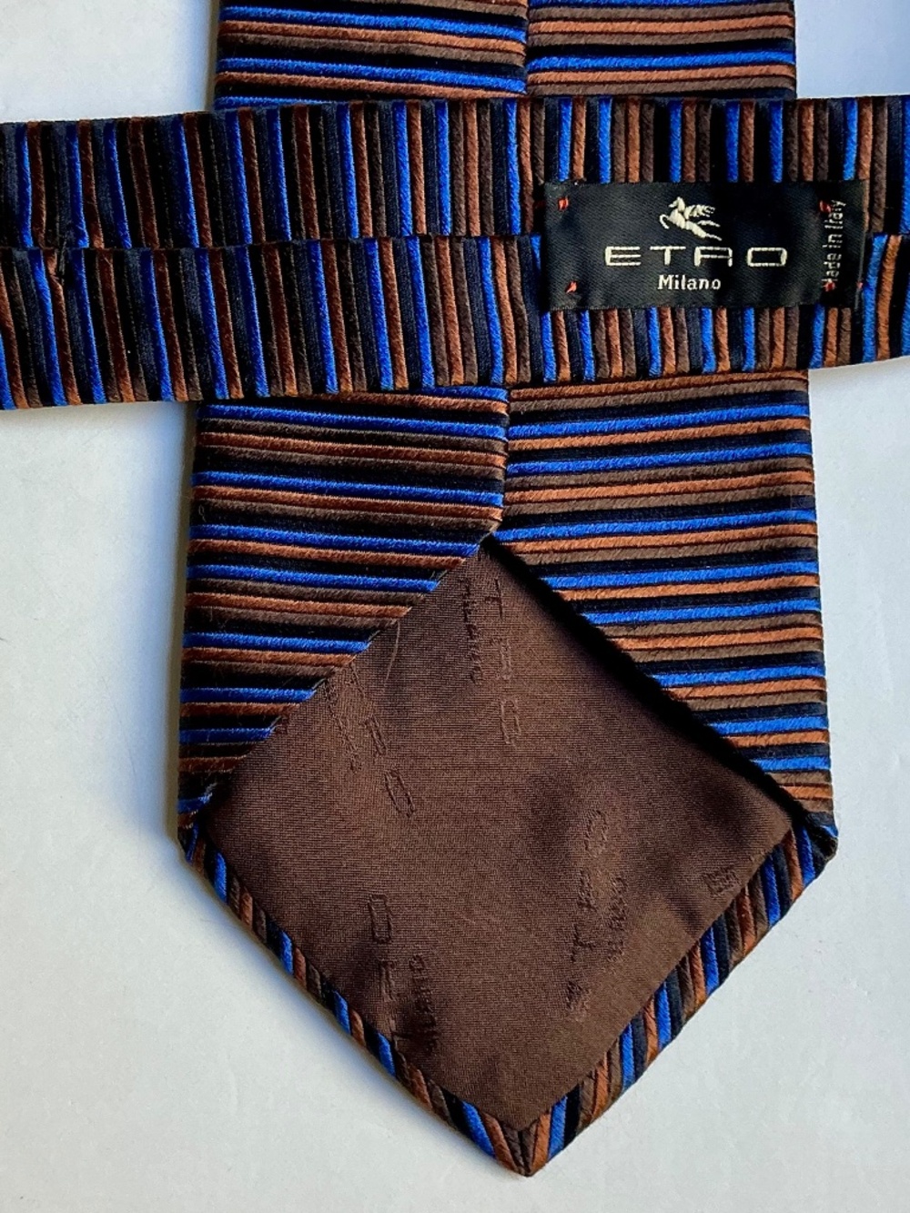 ETRO Milano navy & brown coloured horizontal stripes silk tie made in Italy 🇮🇹